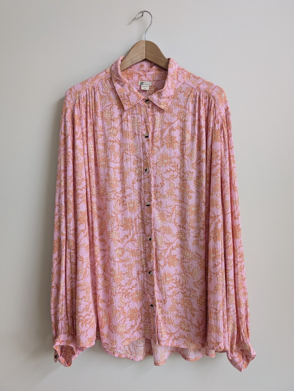 Billabong Large Soft Relaxed Fit Wide Sleeve Pink Orange Floral Blouse Top